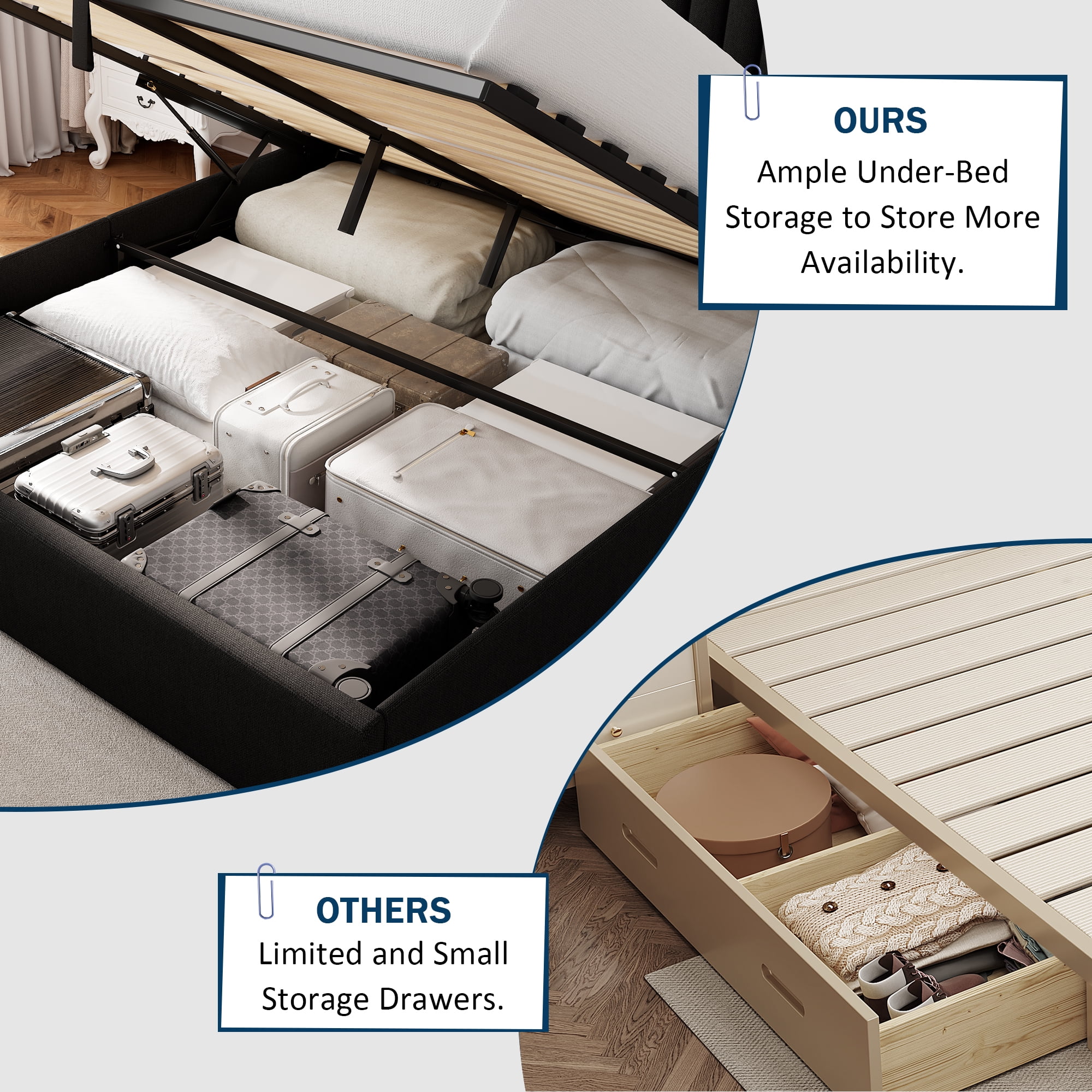 Einhomn Queen Size Lift Up Storage Bed With Wingback Headboard, Upholstered Platform Bed Frame with Hydraulic Storage, Linen Fabric, No Box Spring Needed,Black