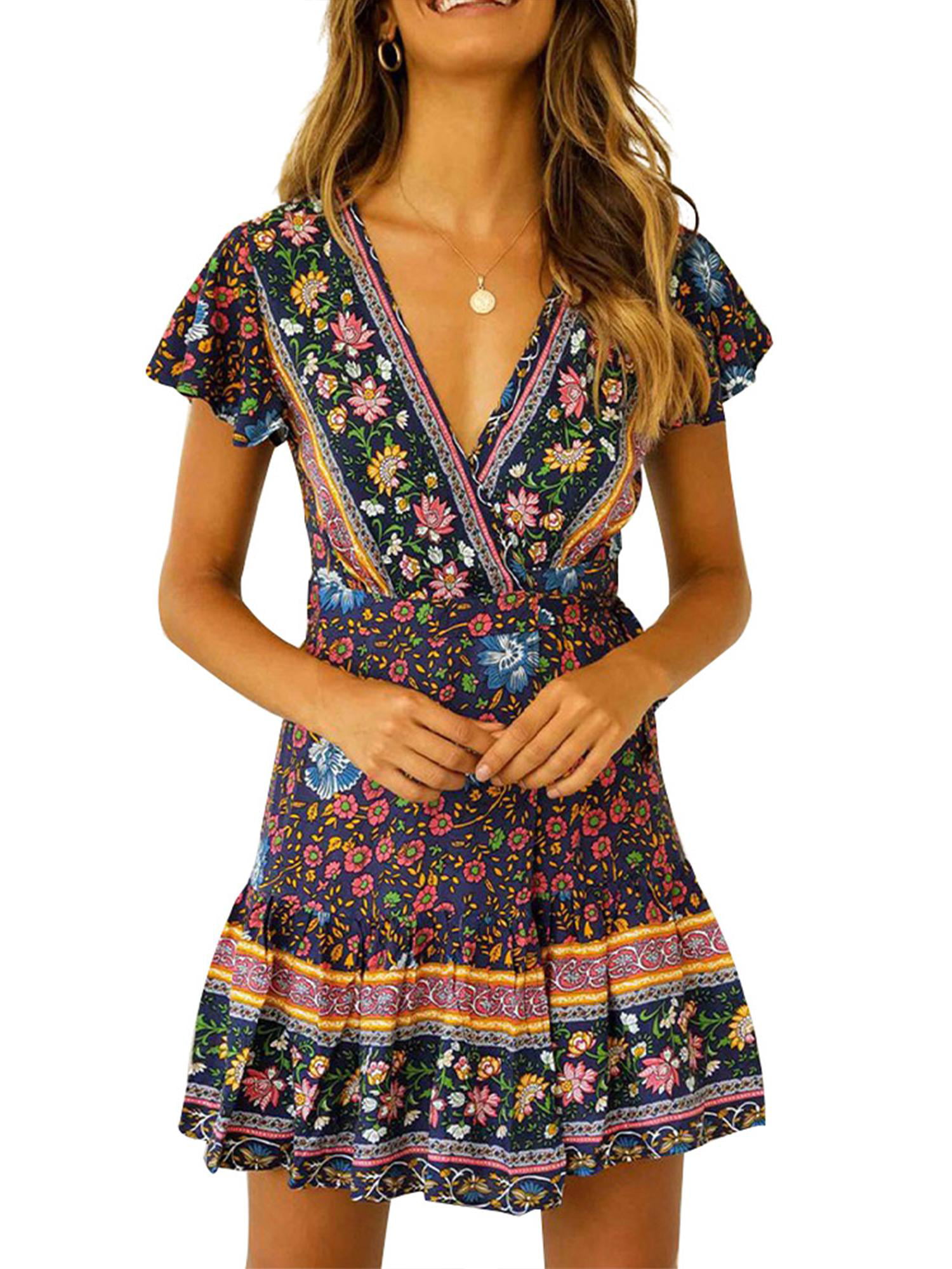 Mini Dress for Women Bohemian Sunflower Printed V Neck Short Sleeve A Line Pleated Ruffle Hem Summer Dresses