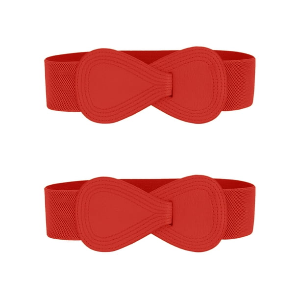 Cinturón elástico de cuero sintético con hebilla en forma de 8 de 2 piezas Inspire Chic para dama 27x2.36" (LxW) Rojo