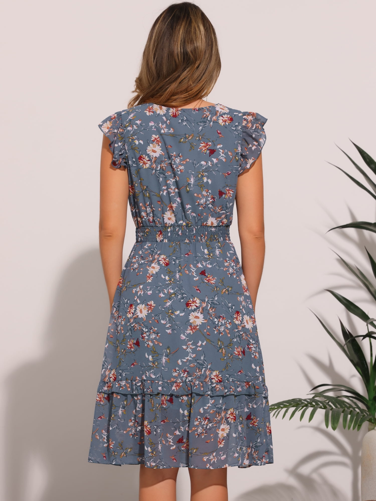 DARING DIVA Floral Flutter Sleeves V Neck Smocked Ruffle Dress M Blue Gray