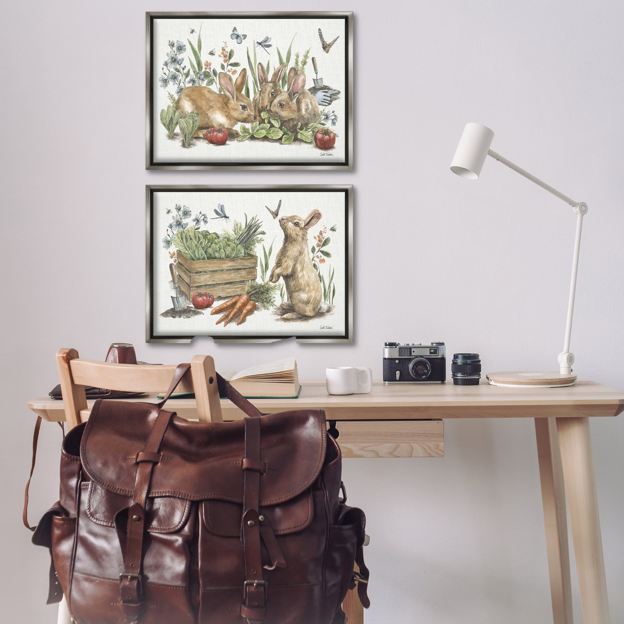 Stupell Industries Rabbit Vegetable Garden Party Animals Painting Gray Floater Framed Canvas Art Print Wall Art, 31 x 21, Set of 2
