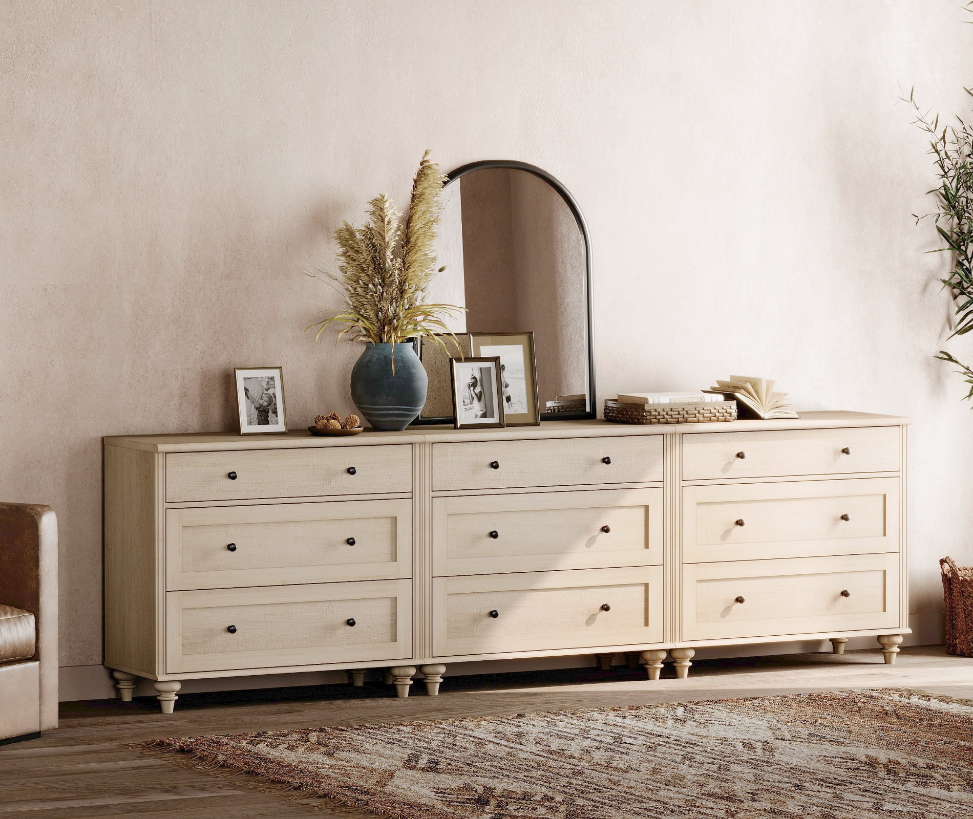 Farmhouse Dresser for Bedroom with 3 Drawers, Mid Century Modern Kids Dressers with Wood Closet Storage Organizer, Small Dressers for Nursery, Hallway, Living Room, Beige
