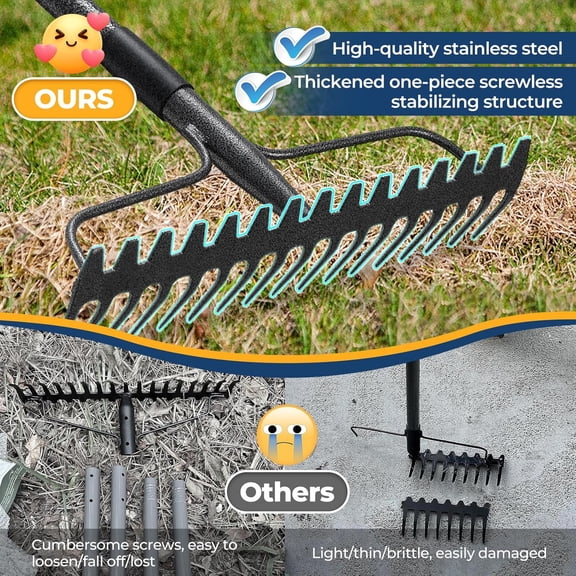 PYYAN-49" Rake - 17" Extra Wide Garden Tool with Double-Sided Head, Heavy Duty Lightweight Stainless Steel Construction for Mulching & Debris Removal, Leveling Lawn, Loosening Soil, Leaf Cleanup, Soi
