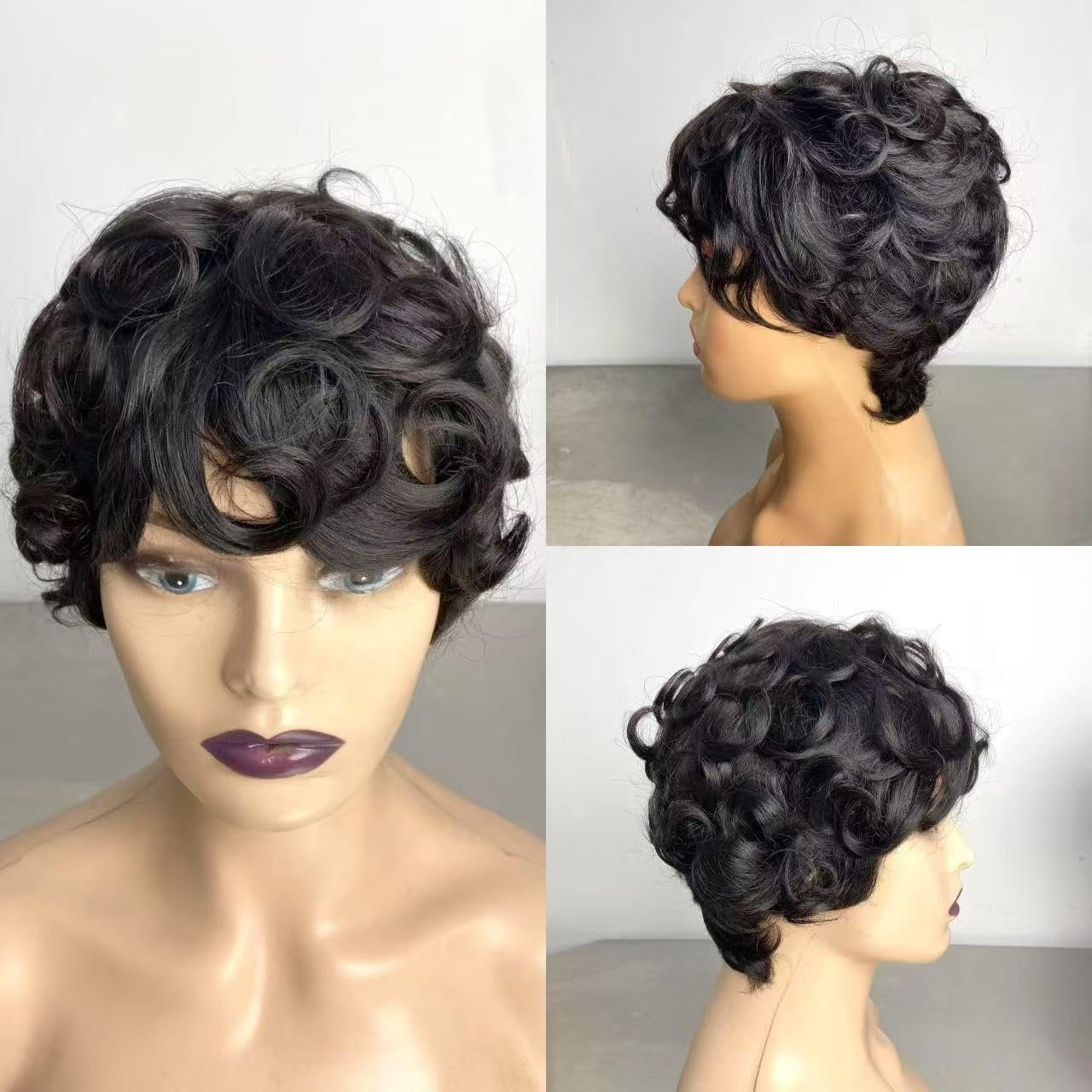 Bob Wig Human Hair Short Pixie Cut Wigs for Black Women - None Lace Front Glueless Pre-Plucked Short Curly Wigs with Bangs, Daily Use Black 1B Color