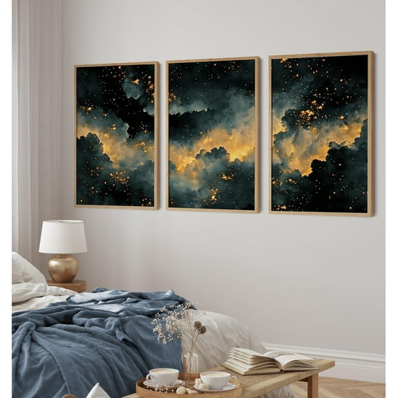 Luvia Moody Celestial Prints Set Of 3, Starry Night Sky Posters, Dark Blue White Gold Sky Triptych, Gothic, Modern Wall Decor Set 3 Prints 8x12 UNFRAMED