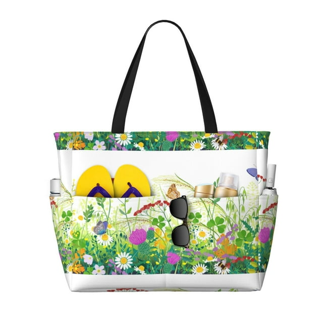 Fotbe Plants and Insects Pattern Water-Resistant Beach Travel Bag - Large Capacity Tote with 7 Pockets, Lightweight Design for Women & Men, Perfect for Beach, Pool & Gym