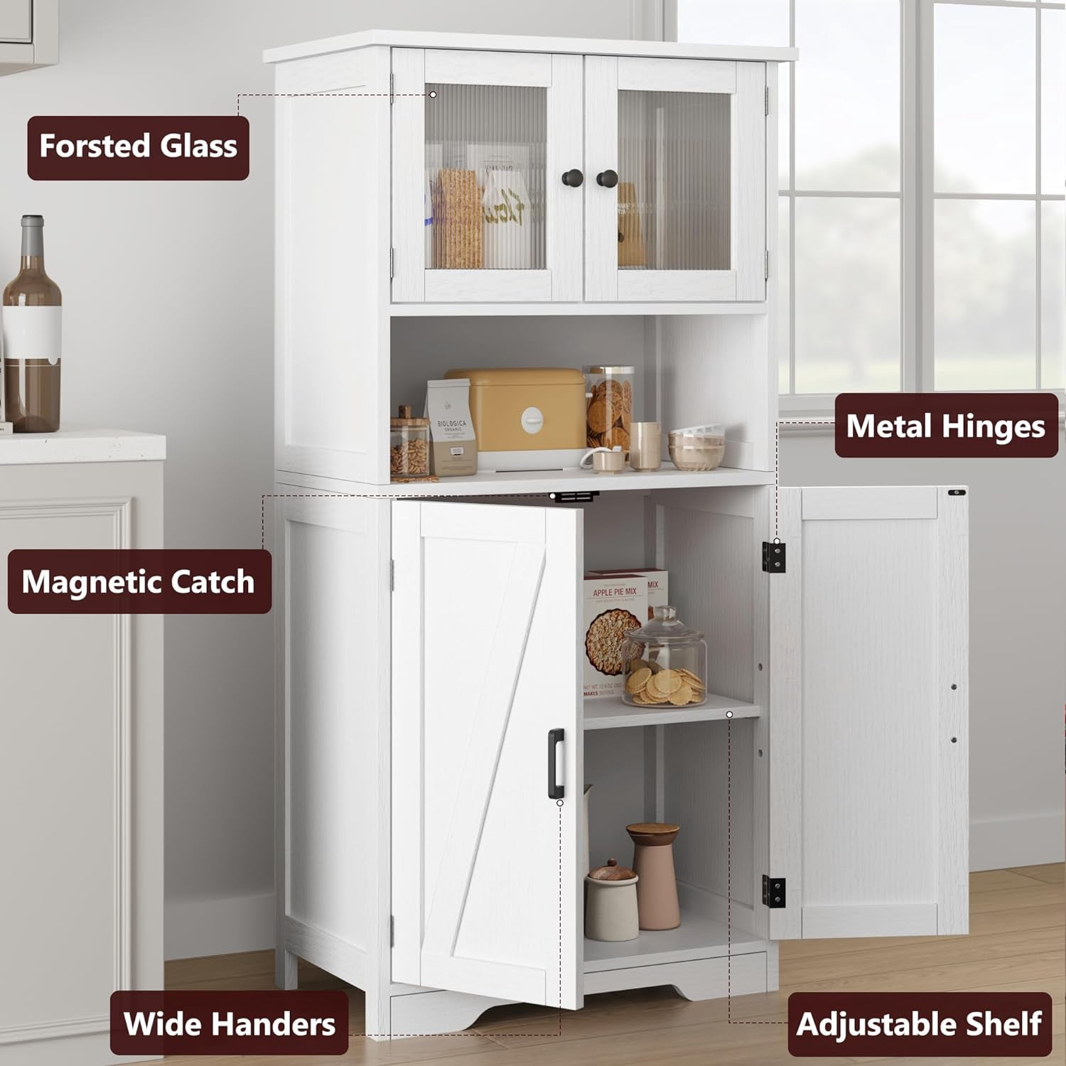 Freestanding Linen Storage Cabinet with Glass Doors, Versatile Kitchen Pantry and Living Room Cupboard with Adjustable Shelves (White)