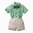 thumbnail image 2 of NIEWTR Toddler Baby Gentleman Outfits Clothes Boys Gentleman Suit Short Sleeve Shirt + Bowtie + Suspenders + Shorts 2 Pcs Wedding Set(A-Grey,12-18 Months), 2 of 4