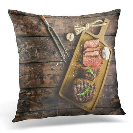 ECCOT Sliced Grilled Marbled Meat Steak Filet Mignon Seasonings Fork Wooden Cutting Board Space for Text Juicy Pillowcase Pillow Cover Cushion Case 18x18