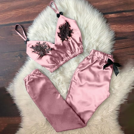 

Pajama Full Length Pants Clearance Women V-Neck Eyelash Lace Stain Camisole Pajamas Bowknot Pants Set
