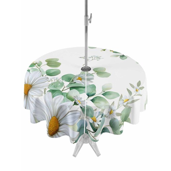 Outdoor Tablecloth with Umbrella Hole for Patio/Picnic/Party/Camping, Eucalyptus Leaves Waterproof Table Cloth Round Cover Washable, Daisy Spring Floral Botanical Watercolor (Dia 60")