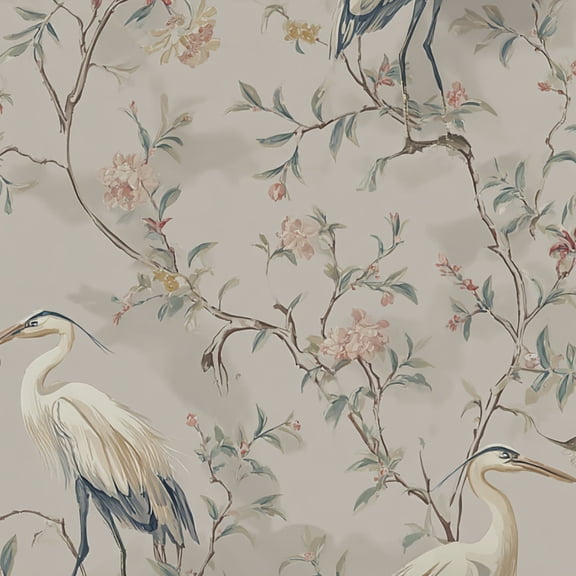 Peel and Stick Wallpaper Elegant Crane Birds Floral Blossom Branches Chinoiserie Wall Mural 17.7in x 9.8ft Self Adhesive Removable Wall Paper Renter Friendly Wallpaper for Nursery Bedroom Cabinets