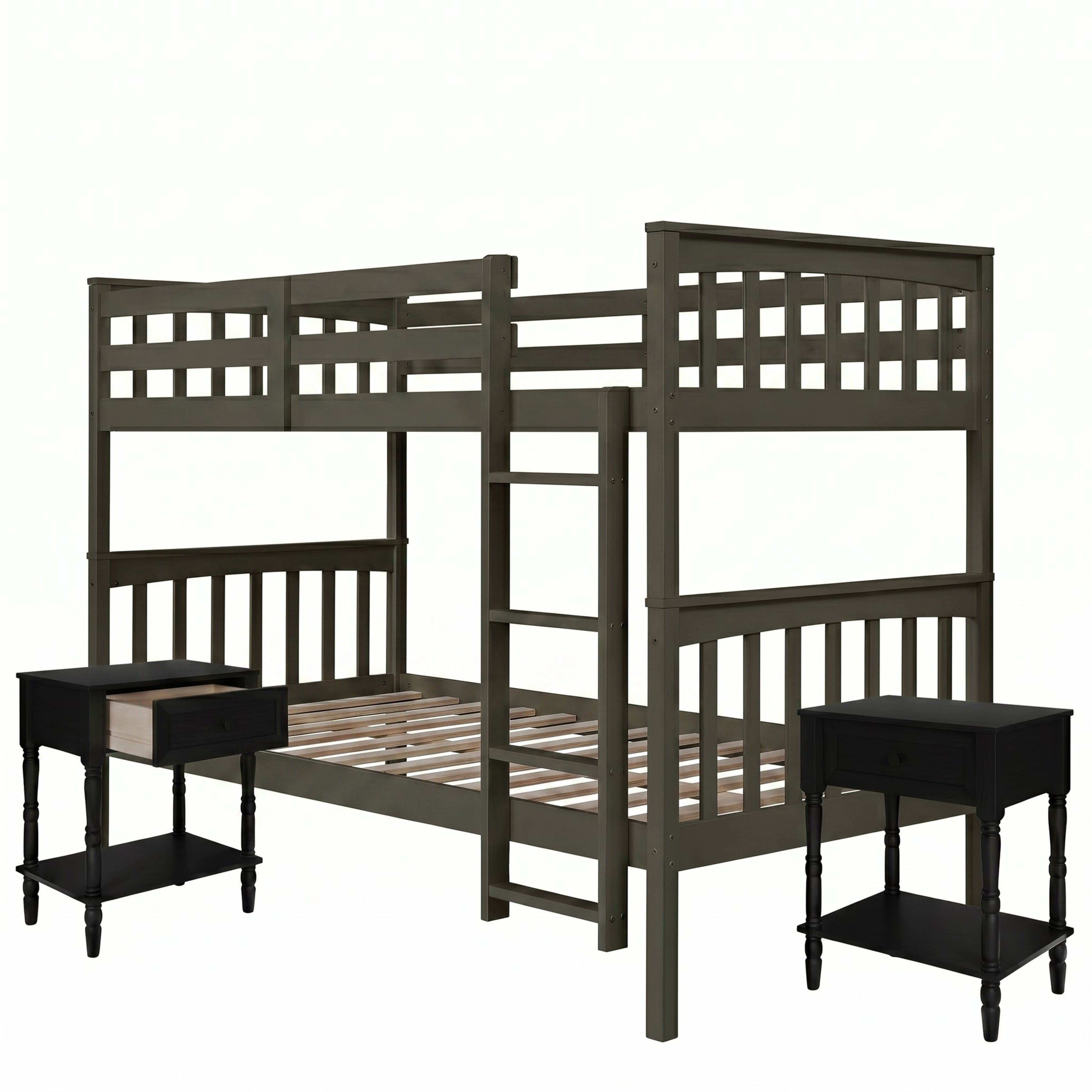 Home Design Ames Twin Over Twin Solid Wood Bunk Bed with 2 Ruston Nightstand – 3-Piece Space-Saving Bedroom Set, Gray/ Black