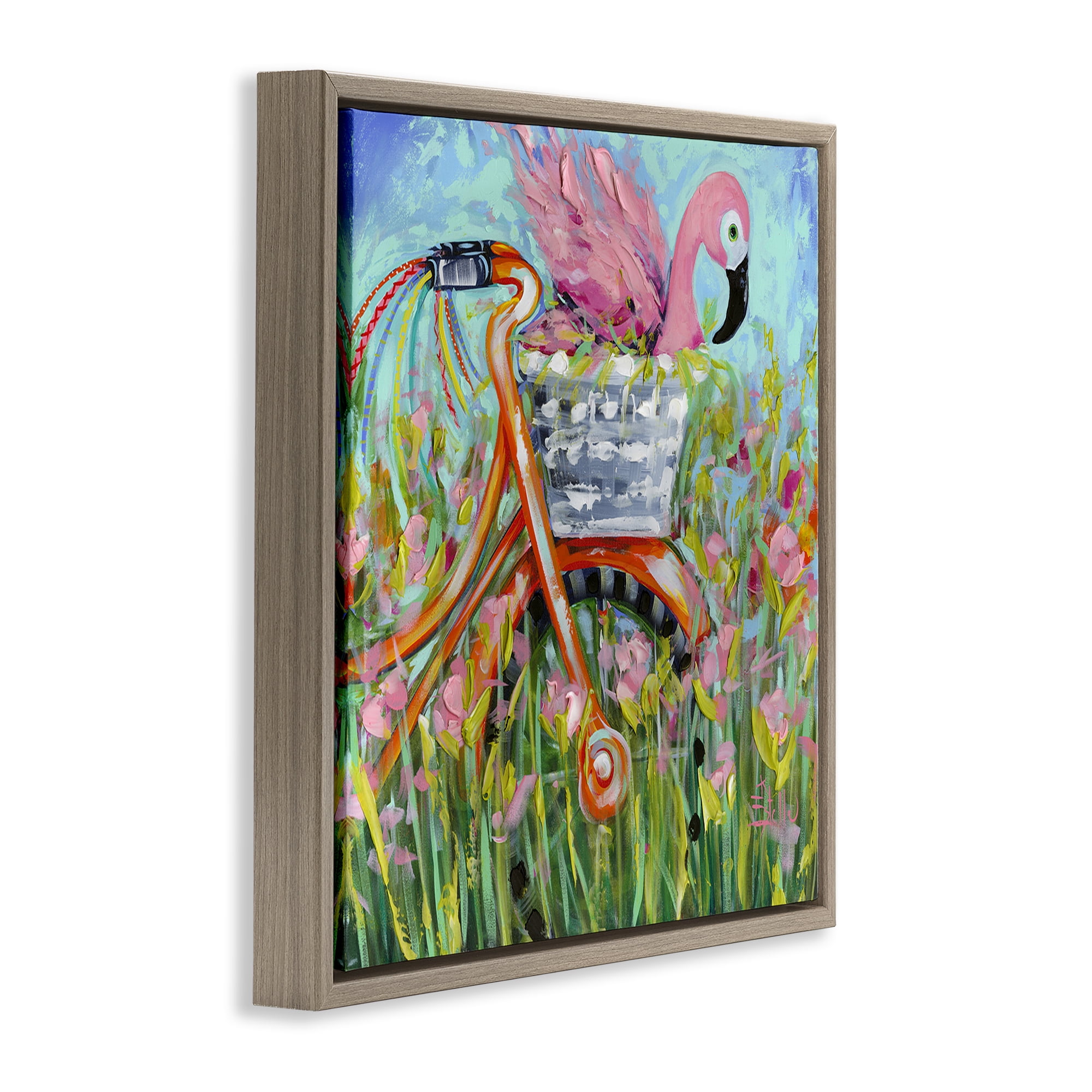 Stupell Industries Flamingo's Free Bicycle Ride Brown Framed Floater Canvas Wall Art, design by Estelle Grengs