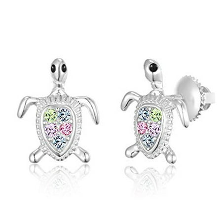 Childrens Sterling Silver Birthstone Earrings - Children's Earrings - 925 Sterling Silver with a White Gold Tone Crystal Turtle Screwback Earrings MADE WITH SWAROVSKI ELEMENTS Kids, Children, Girls, Baby
