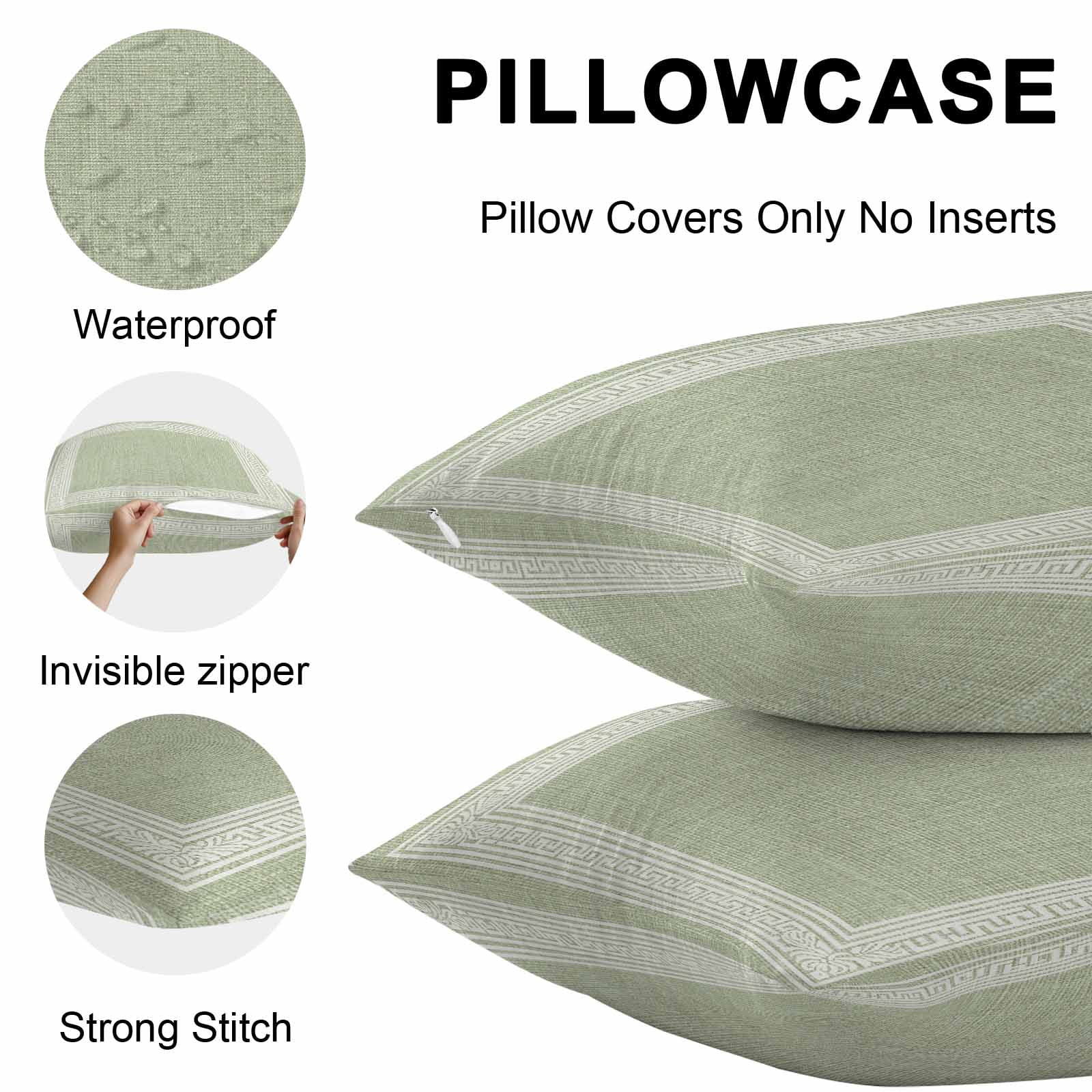 Waterproof Throw Pillow Covers 16x16 Set of 2, Sage Green Linen Burlap Key Outdoor Pillowcases Invisible Zipper, Abstract Greek Inspired Texture Decorative Cushion Covers for Patio Garden Sofa Couch