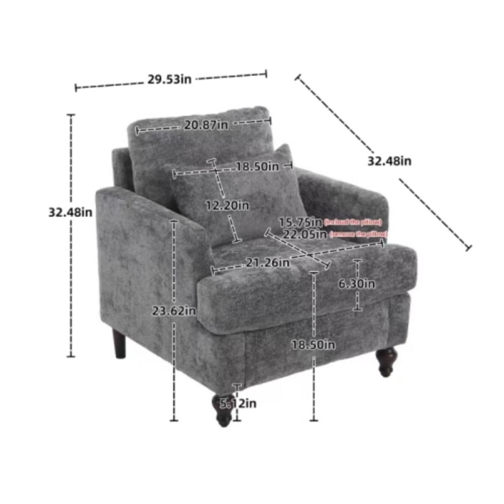 Accent Chair, Mid Century Modern Chenille Armchair with Tufted Back, Studded Solid Wood Frame, Upholstered Lounge Chair for Living Room, Bedroom, Gray