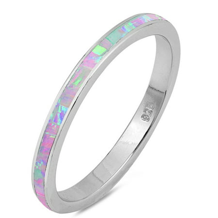 Lab Created Pink Opal Band .925 Sterling Silver Ring sizes