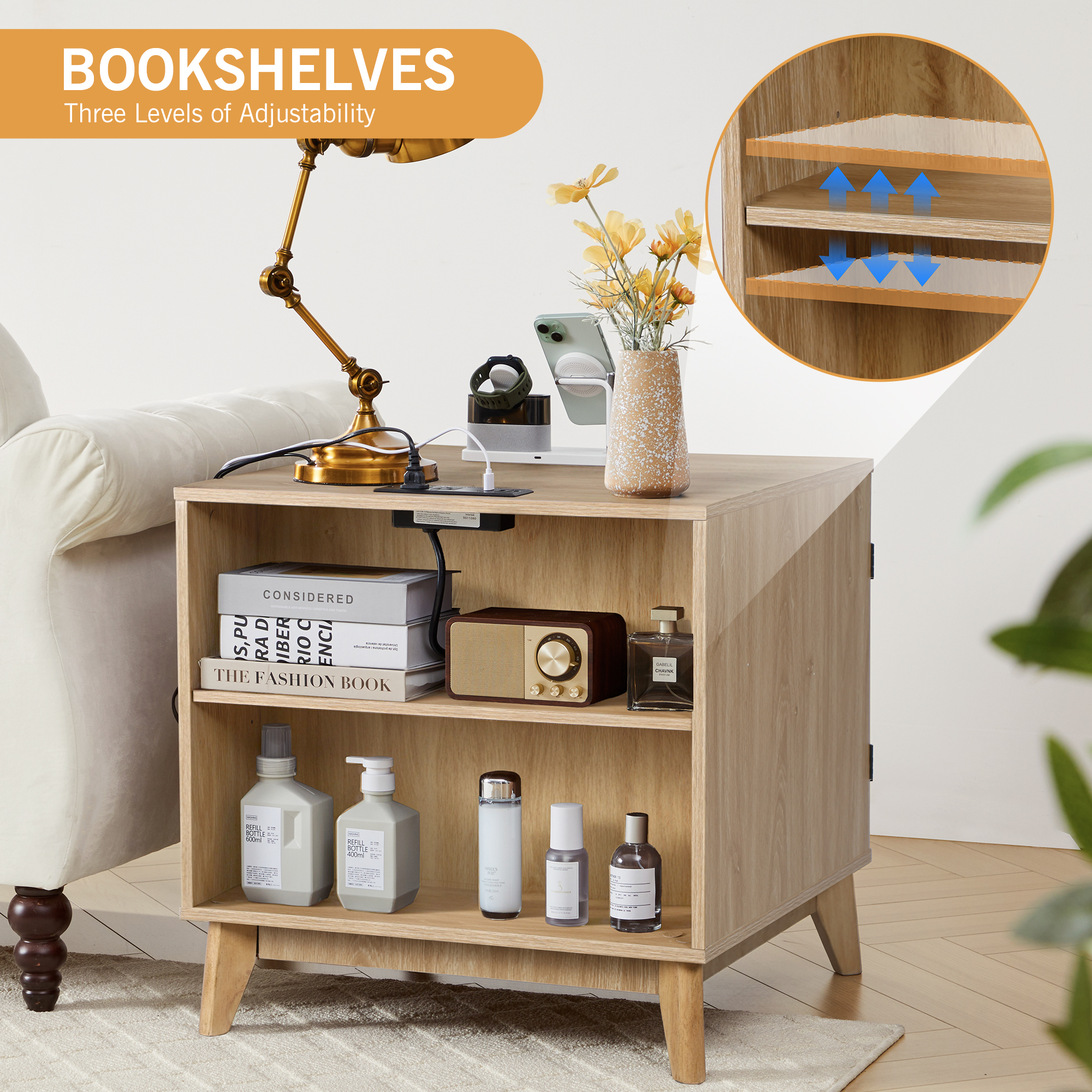YOCWO Fluted Square Nightstand with Charging Station for Bedroom, Wood End Table with 2 Door for Living Room, Beige