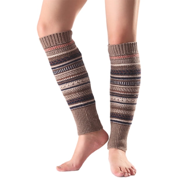 Jumpingount Calentadores de piernas sin pies de lana de punto étnicos a rayas de moda y versátiles para mujer transpirables Accesorios de calzado Caqui