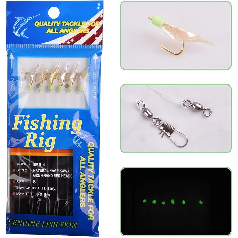 Fishing Sabiki Rigs Bait Fish Skin Rig Hooks, 6 Packs Glow Fishing Bait  Rigs with Fish Skin Size 4 6 8 