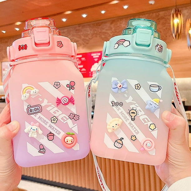 Botella De Agua Linda Grande De 1500 Ml Con Botellas De Agua Kawaii Cuadradas De Paja, Botella De Agua Potable Portátil De Gran Vientre Con Etiqueta Tridimensional, Deportes