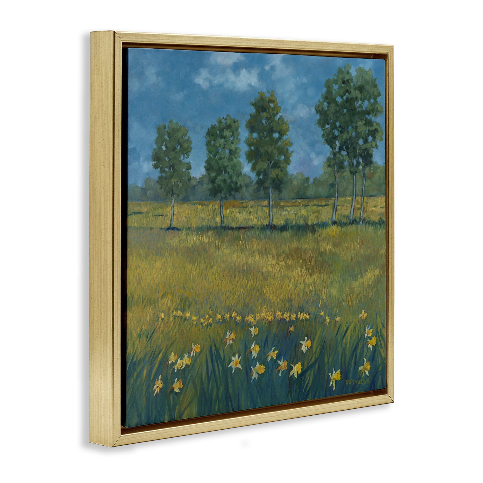 Stupell Industries Meadow with Daffodils Landscape & Nature Painting Gold Floater Framed Canvas Art Print Wall Art, 18 x 18