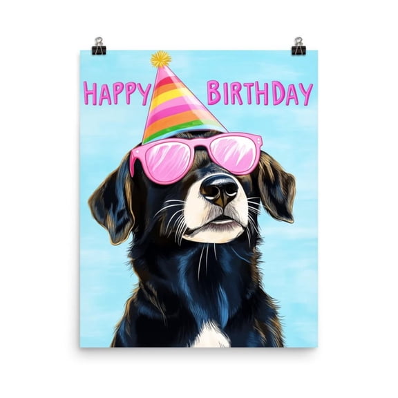Happy Birthday Dog Print, Party Puppy Wall Art, Pet Art, Dog With Sunglasses, Cute Puppy Birthday Decor, Dog Lover Gift Home Decor #268, Unframed Poster Size 8x12