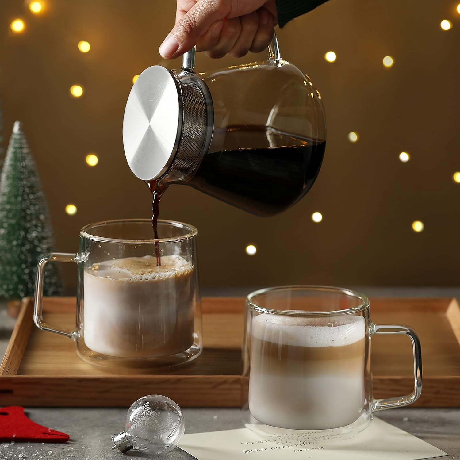 10oz Glass Coffee Mugs,Double Wall Insulated Glass Mugs with Handle,Clear Espresso Mug for Latte,Cappuccino,Tea Bag,Set of 5