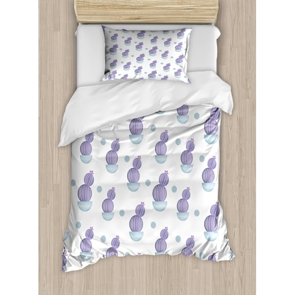 Succulent Duvet Cover Set Twin Size, Pastel Cactus Plants with Flowering Bloom Design Repetitive Art, Decorative 2 Piece Bedding Set with 1 Pillow Sham, Blue Grey Violet and White, by Ambesonne