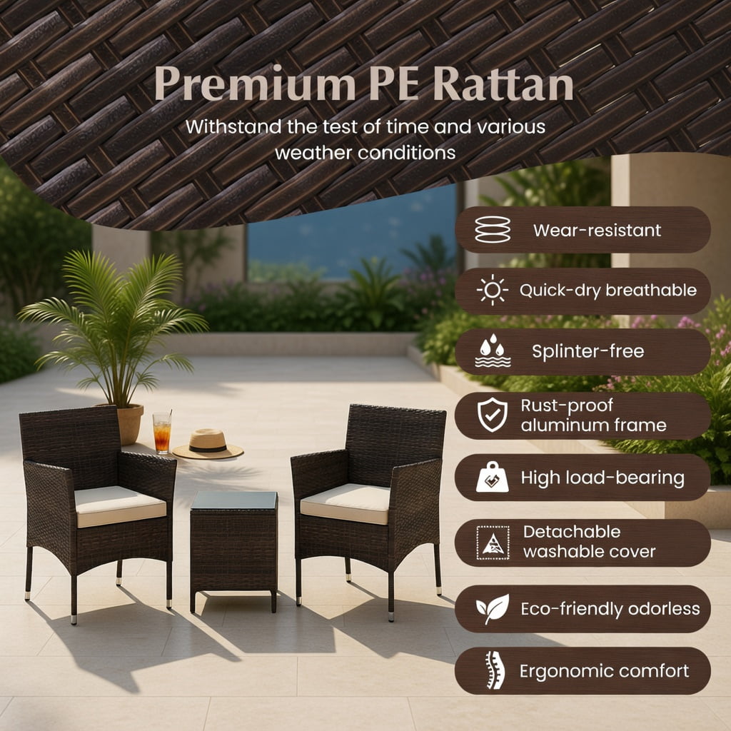 Hommoo 3-Piece Outdoor Wicker Conversation Set, Cushioned Patio Chairs + Tempered Glass Square Coffee Table, PE Rattan, Heavy-Duty Metal Frame, Brown