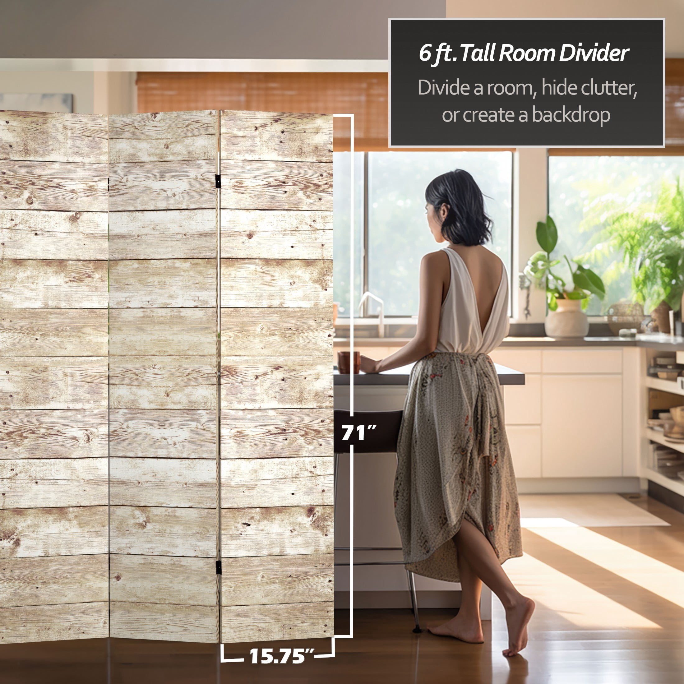 Oriental Furniture 6 ft. Tall Pale Wood Pattern Canvas Room Divider - 3 Panel