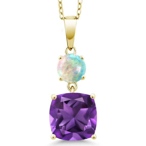 Gem Stone King 18K Yellow Gold Plated Silver Purple Amethyst and Simulated White Opal Pendant Necklace for Women | 4.00 Cttw | Gemstone February Birthstone | Cushion 10MM | Round 6MM