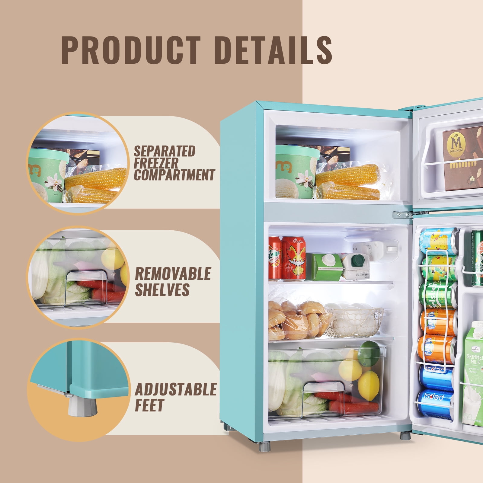 WANAI 3.5 Cu.ft Mini Fridge with Freezer 2 Door Small Refrigerator with 7 Adjustable Thermostat Blue