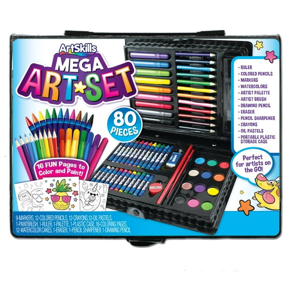 Rainbow Creations Mega Art Set - Complete Arts and Crafts Supplies Kit with Colored Pencils, Stencil Letters, Markers, Watercolor Paint, Crayons - 80 Pieces for Endless Creative Fun
