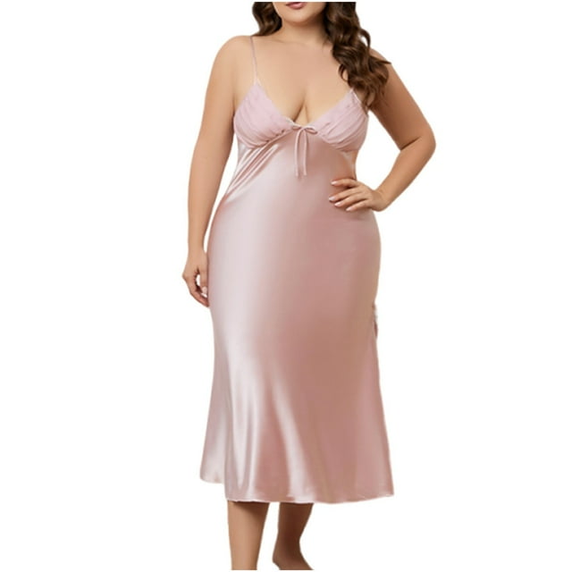 ShomPort Robe de Nuit Grande Taille pour Femmes Sans Manches Douce Col en V Satin Robe de Détente Bretelles Spaghetti Robes de Pyjama