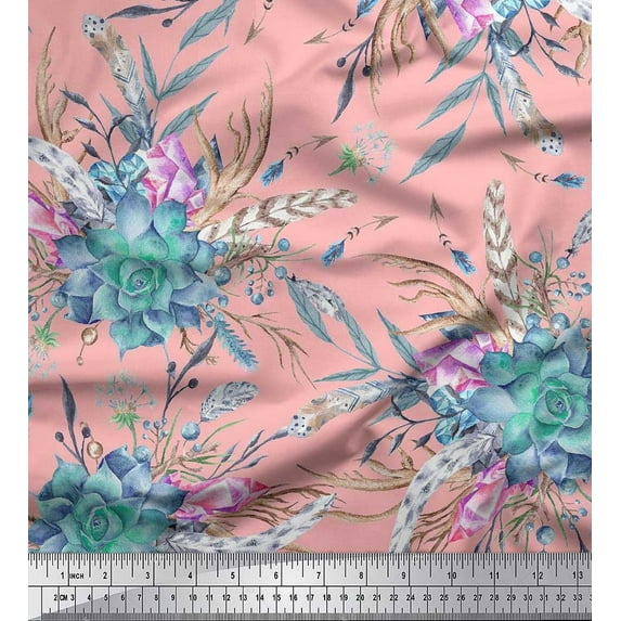 Soimoi Pink Georgette Viscose Fabric Leaves,Pink & Blue Floral Printed Fabric 1 Yard 42 Inch Wide