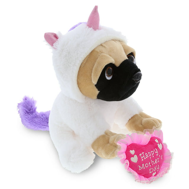 DolliBu Happy Mother's Day Super Soft Pug Dog Unicorn Plush Figure - Stuffed Animal with Pink Heart Message for Best Mommy, Grandma, Wife, Daughter - Dog Pet with Unicorn Costume Plush Toy - 6.5" Inch
