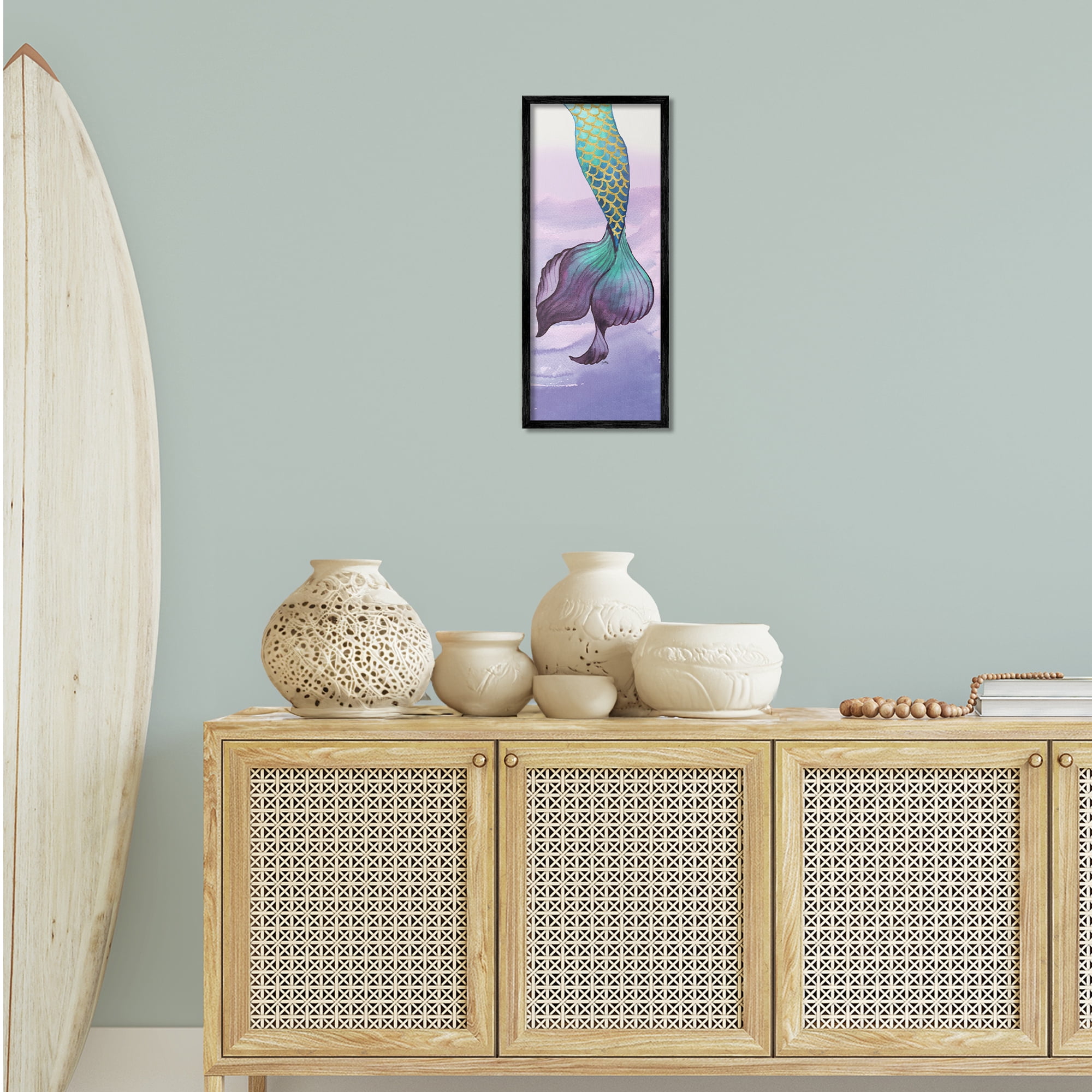 Stupell Industries Glam Accent Mermaid Tail Fairy Tales & Fantasy Painting Black Framed Art Print Wall Art, 10 x 24