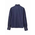 thumbnail image 5 of Womens Denim Blouse Pullover Embellished Long Puff Sleeve Jean Buttoned Vintage Shirts Tops Navy Blue L, 5 of 6