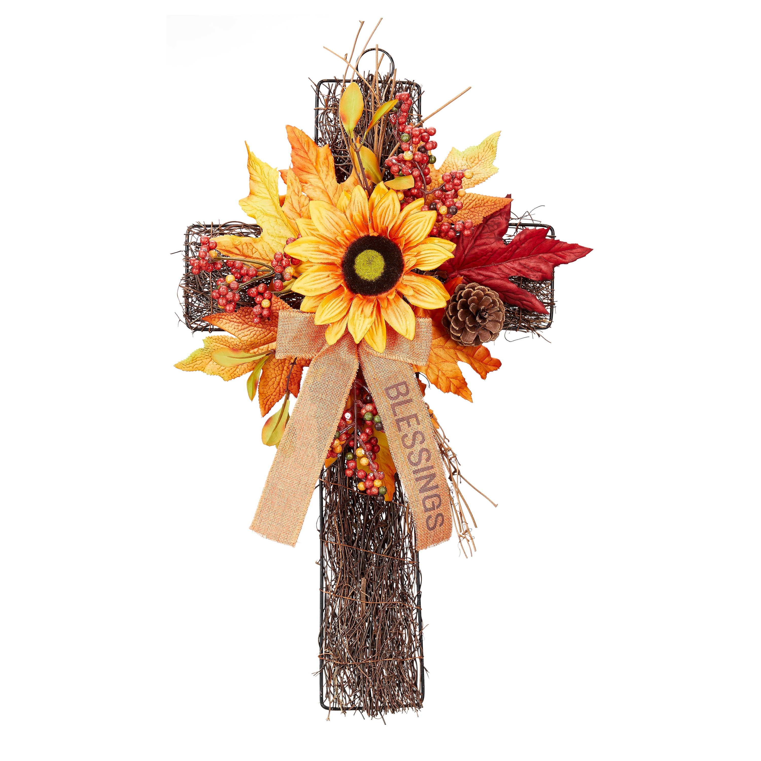 Way to Celebrate Floral Cross Blessings Hanging Decoration, 22', Iron Frame with Grapevine