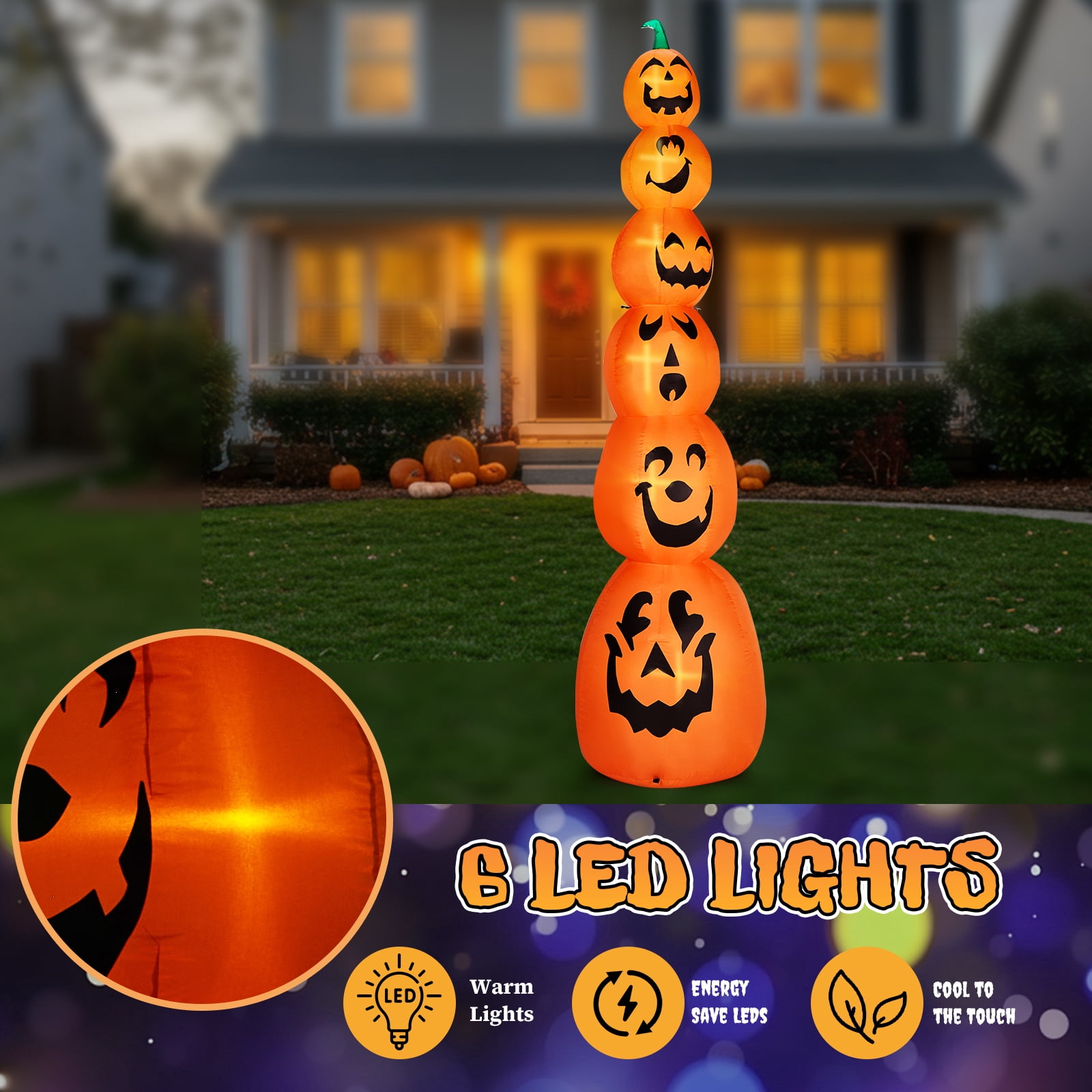 9FT Halloween Inflatable Stacked Pumpkins, Blow up 6 Pumpkins Inflatable with Built-in LED Lights Outdoor Decorations Large Party Yard Decoration