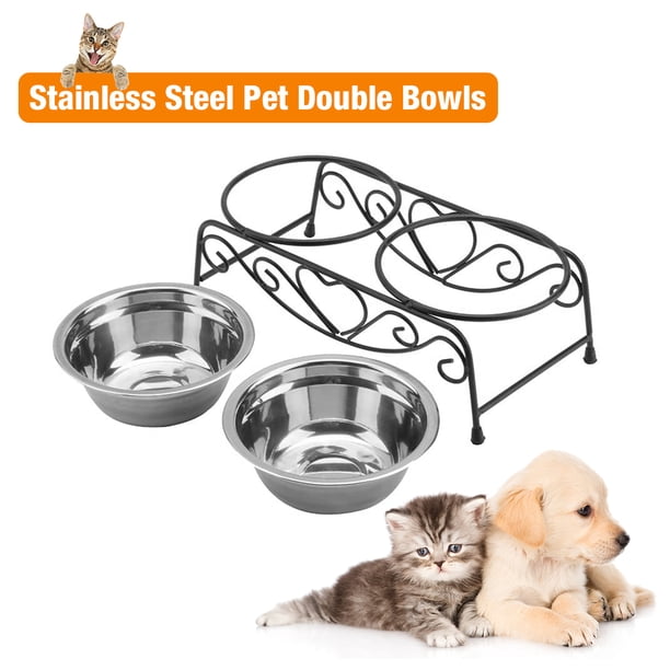 Double Bowl Elevated Cat Feeder With Ceramic Bowls – Raised Wooden Stand For Food & Water
