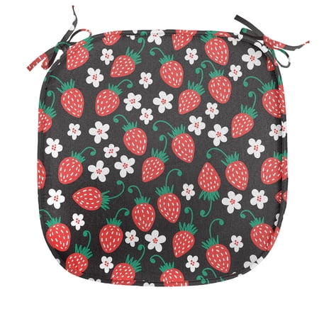 Strawberry Chair Seating Cushion  Fresh Summer Fruits Blooming Daisies Pattern on Dark Backdrop  Seat Pads with Anti-slip Backing  16 x16   Jade Green Scarlet  by Ambesonne