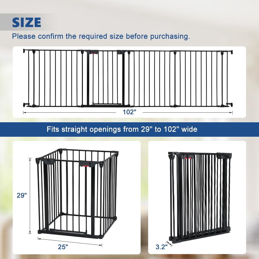 LUCKUP Freestanding Dog Gates with Door Walk Through, Extra Wide Doggy Door 100" W x 29" H Pet Gate Safty 4 Panels Dog Fence for Stairs, Doorways