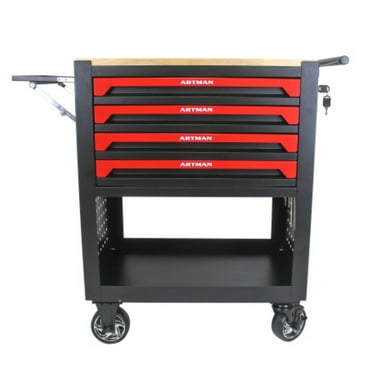 4-Drawer Rolling Tool Cabinet with Wheels, Multi-Functional Tool Chest with Wooden Top, Lockable Drawers and Mobile Tool Organizer for Garage and Workshop (Black Red)
