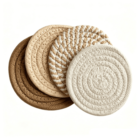 4Pcs Two-Tone Woven Cotton Coasters, Drink Coasters, Absorbent Cotton Fabric Woven Coasters for Drinks, Handmade Minimalist Cup Coasters for Coffee Table Desk Home Kitchen Decor, Beige