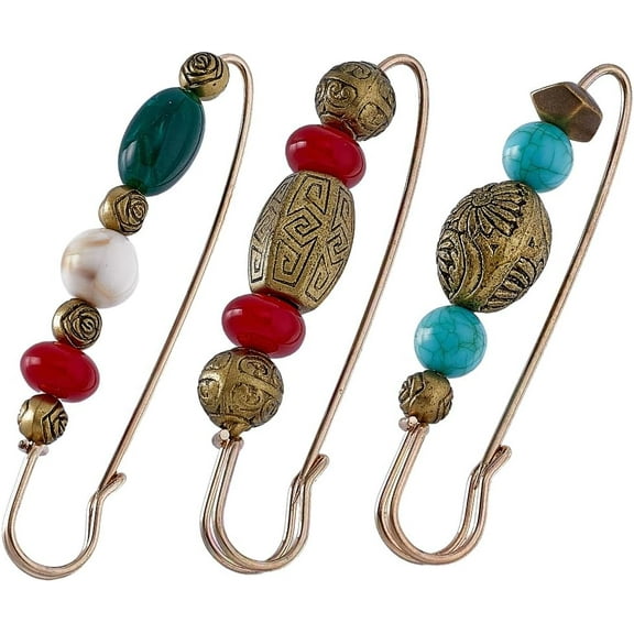 Iron 3pcs 3 styles Plastic Barrel Beaded Safety Pin Brooches Antique Bronze Iron Flower Lapel Pins for Sweater Shawl Clips Waist Pants Extender Mixed color