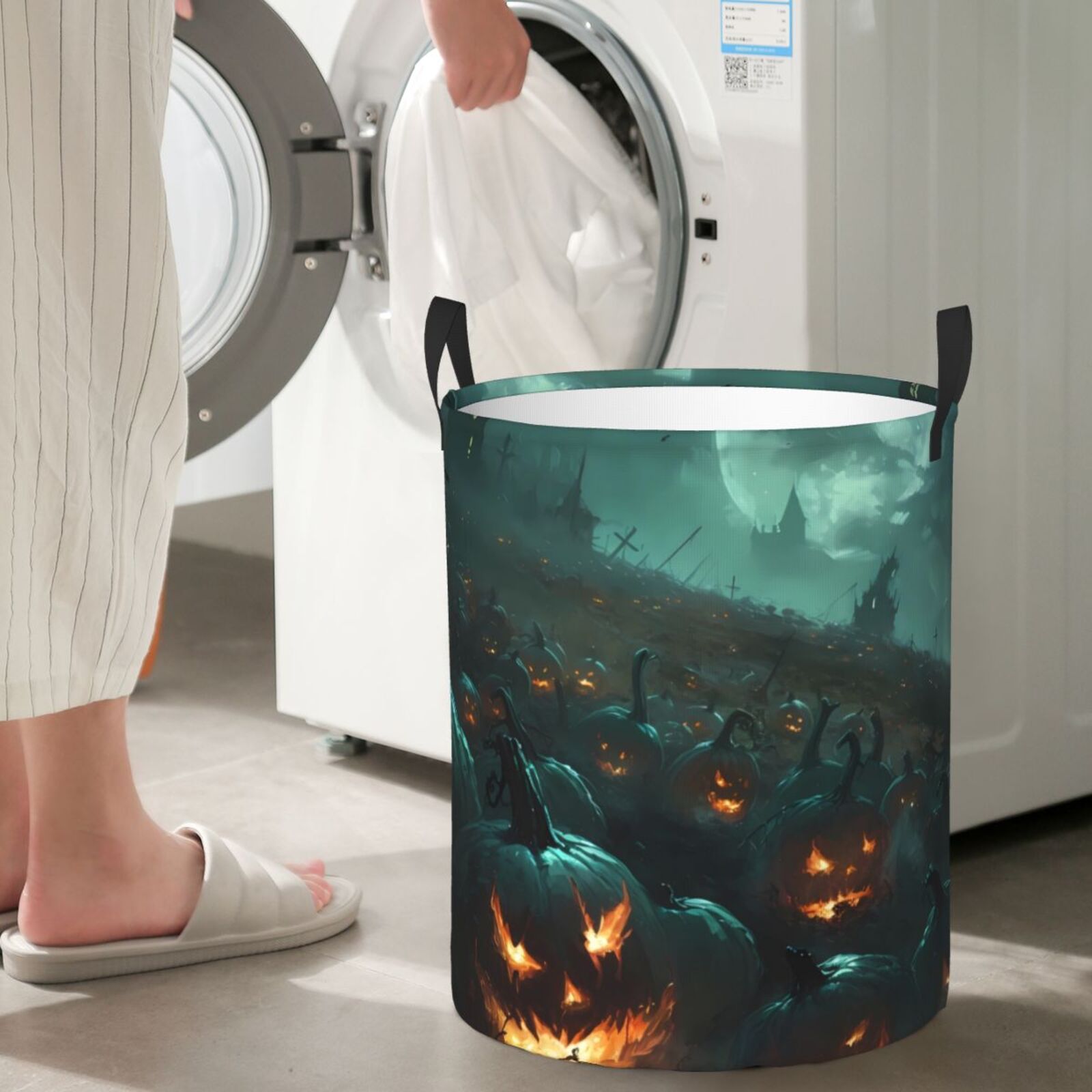 Large Laundry Basket with Handles - Halloween Night Sky Pumpkin Field Kids Baby Dirty Clothes Laundry Hamper for Bedroom Aesthetic