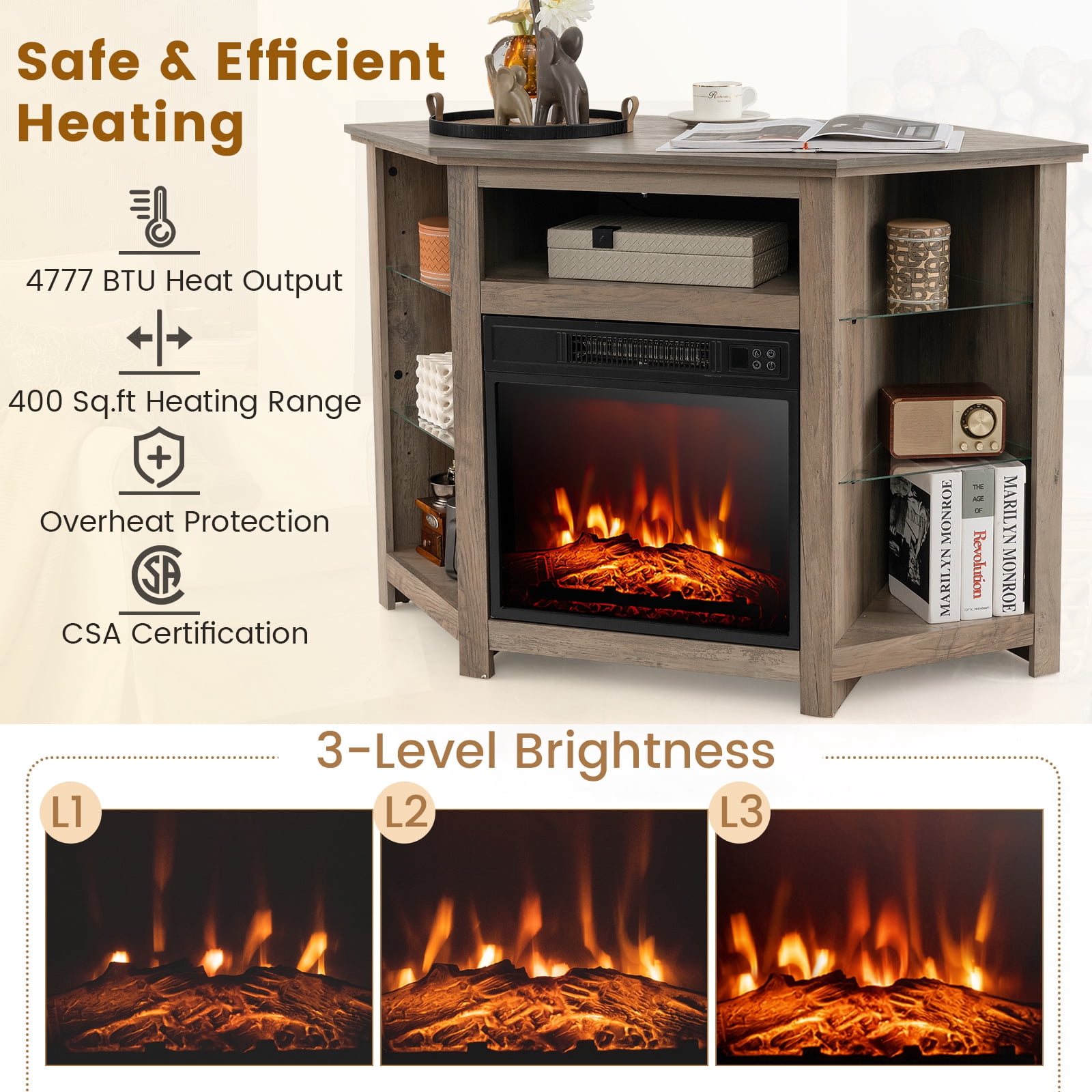 Giantex Corner TV Stand w/Electric Fireplace, Entertainment Center, Media Console Cabinet, Gray